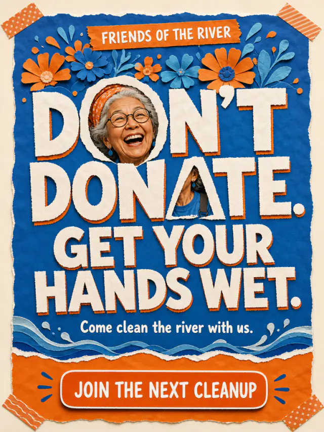 Friends of the River poster with blue and orange paper flowers, a smiling volunteer, and cream lettering reading Don’t donate. Get your hands wet.