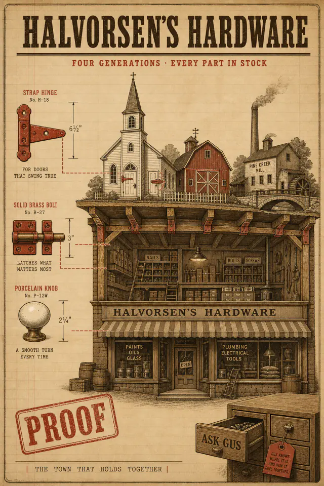 Halvorsen’s Hardware poster on tan ledger paper: a church, barn and mill sit above the shop, framed by hardware diagrams, a red PROOF stamp and an ASK GUS drawer.