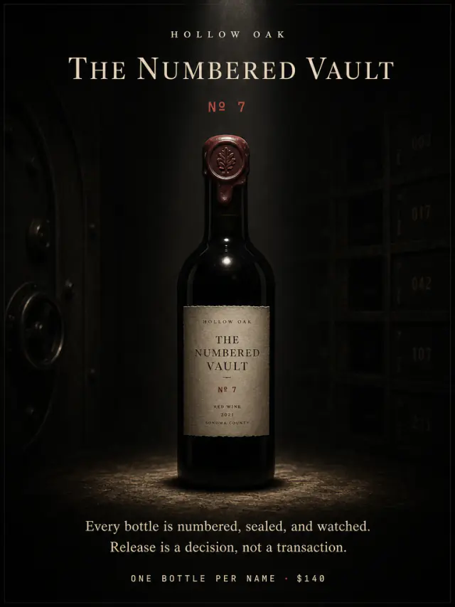 Hollow Oak’s Numbered Vault poster: a single wine bottle sealed with red oak-leaf wax stands in a dark vault beneath cream lettering and a red No. 7.