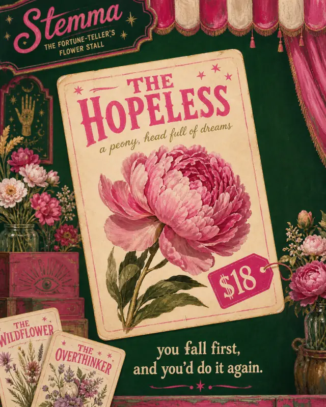 The Hopeless: a pink peony beneath striped carnival curtains, with the reading ‘you fall first, and you’d do it again.’