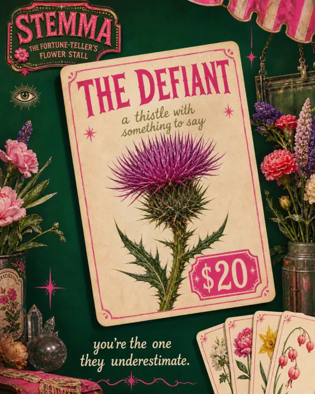 The Defiant: a purple thistle on a fortune card, with the reading ‘you’re the one they underestimate.’
