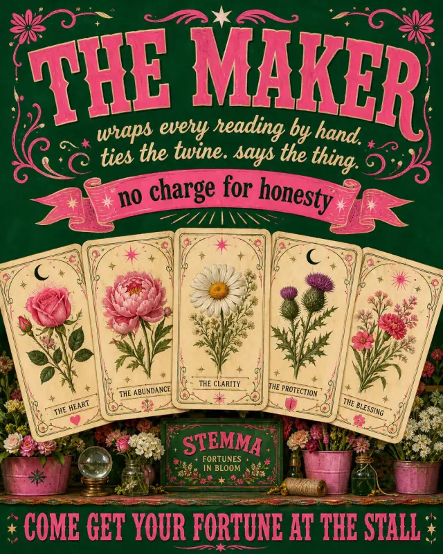 The Maker: a spread of flower cards with ‘no charge for honesty’ and an invitation to the stall.