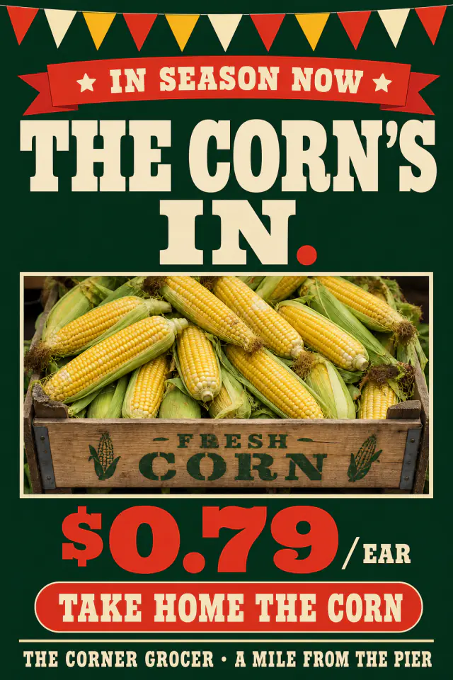 The Corner Grocer corn poster with carnival bunting, a wooden crate of corn, cream headlines and a red $0.79 price on deep green.